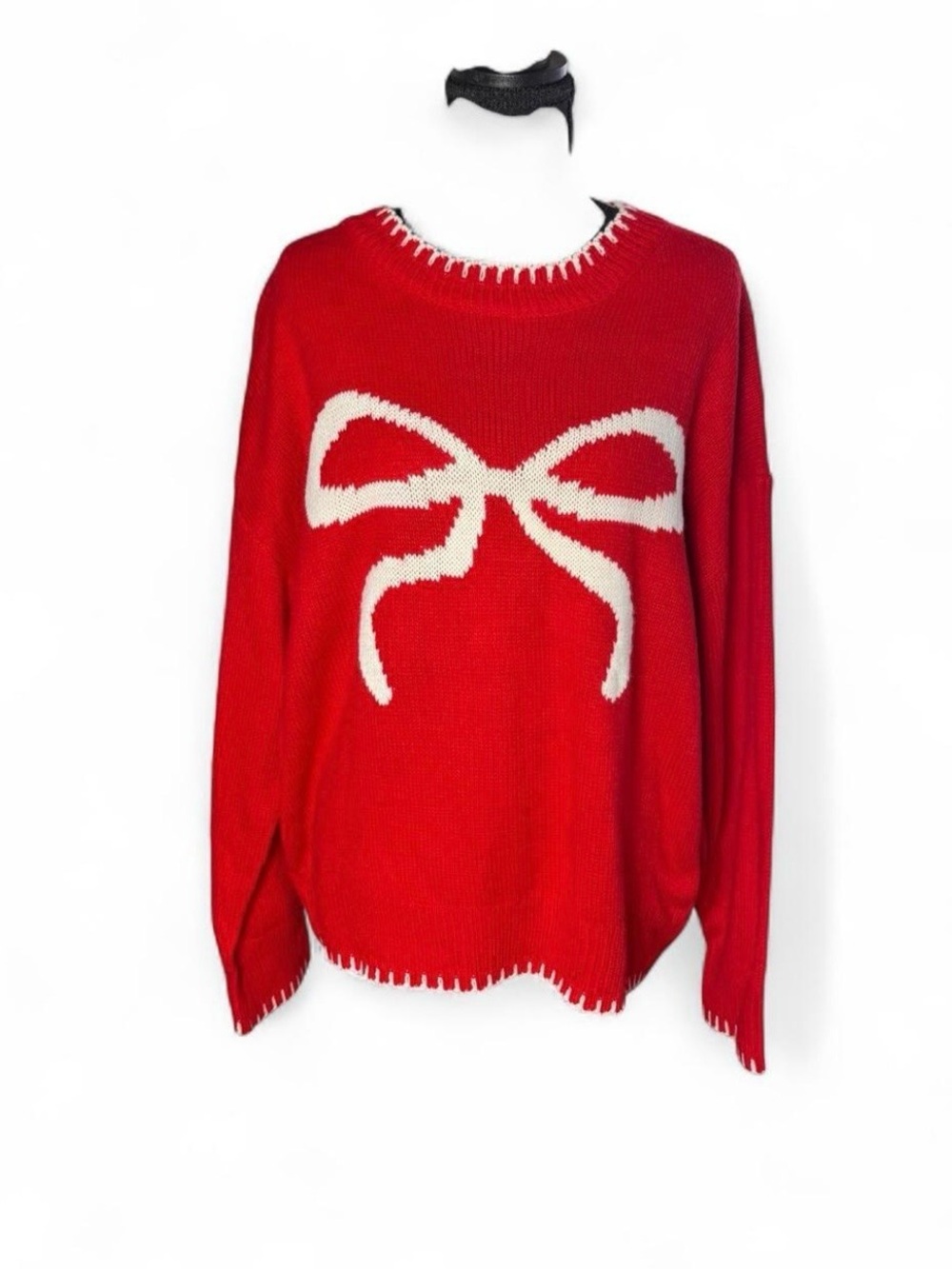Red Chunky Knit Oversized Sweater White Blanket Stitch Ribbon Bow Women Size M